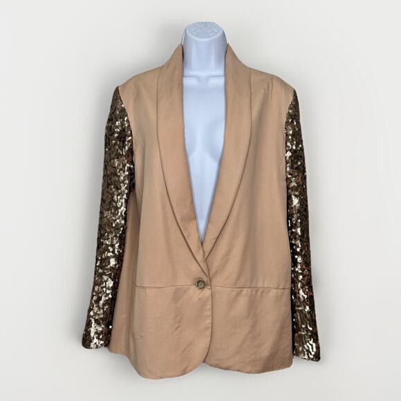 Anthropologie ELEVENSES Glitzen Party Blazer 14 Champagne Sequined Sleeves Glam - Picture 2 of 16